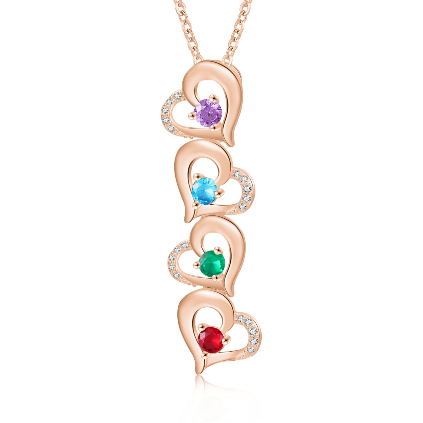 Collier Pendentif Cœur 4 Prénoms Personnalisés avec Pierre de naissance pour Femmes