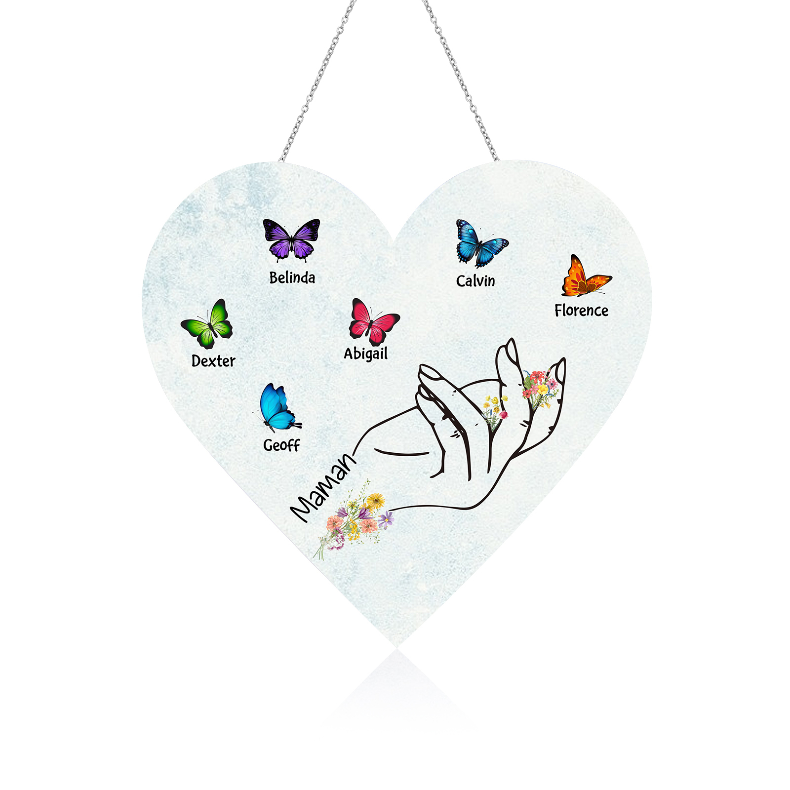 À Maman/Mamie - Veilleuse Cœur Décoration Main et Papillon 6 Prénoms Personnalisés avec 1 Texte