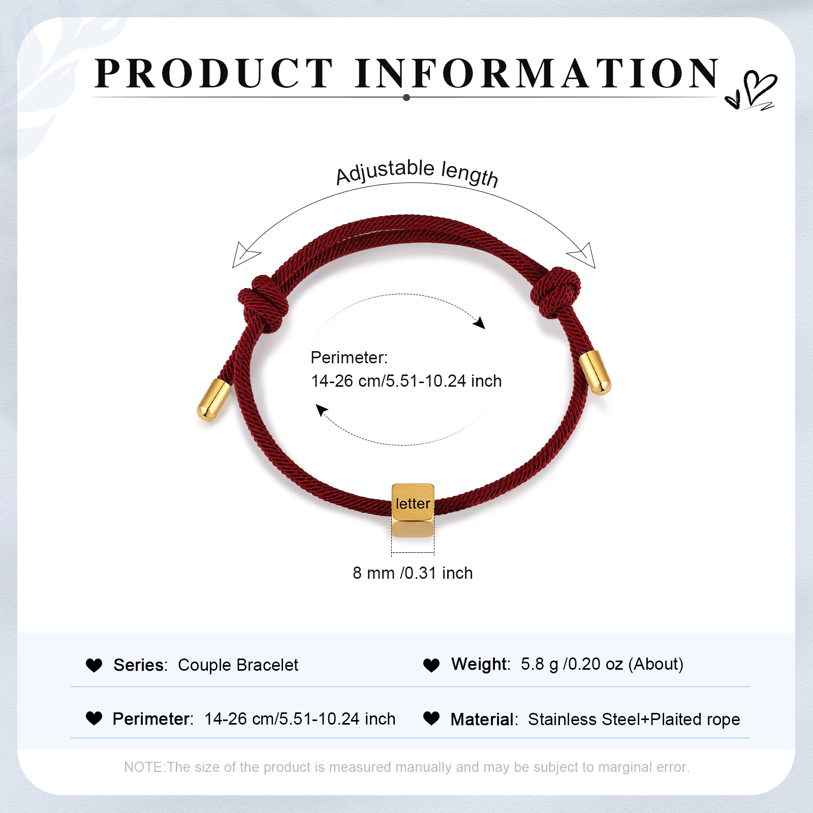 Bracelet Initiale 1 Lettre Personnalisée Rouge pour Couple｜Jessemade