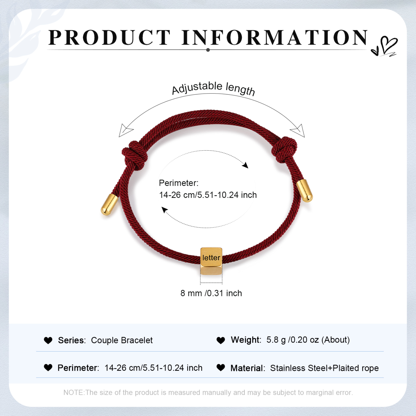 Bracelet Initiale 1 Lettre Personnalisée Rouge pour Couple｜Jessemade