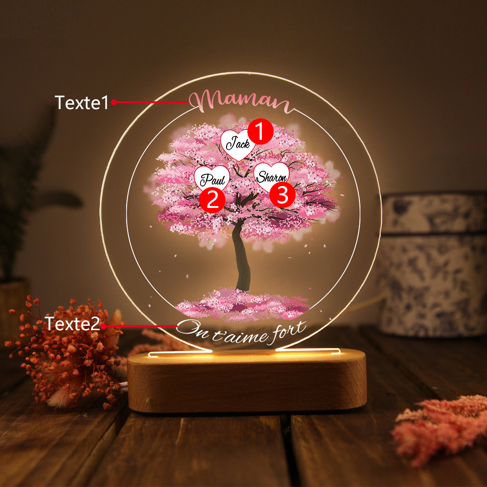 À Maman/Mamie - Lampe de chevet LED Lumières Arbre 3 Prénoms et 2 Textes Personnalisés pour Famille
