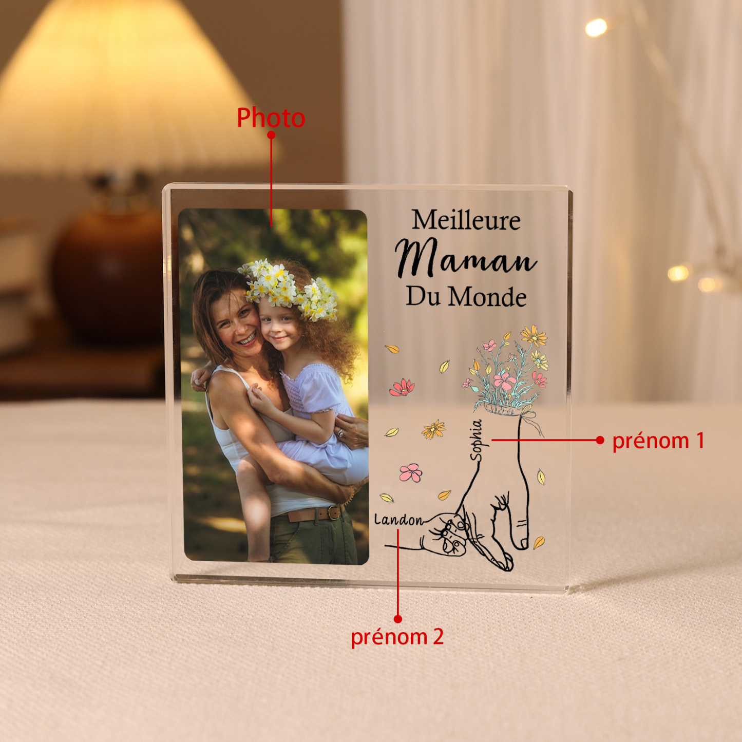 À ma Maman - Plaque Acrylique Carrée la Main dans la Main 2 Prénoms Personnalisés avec Photo
