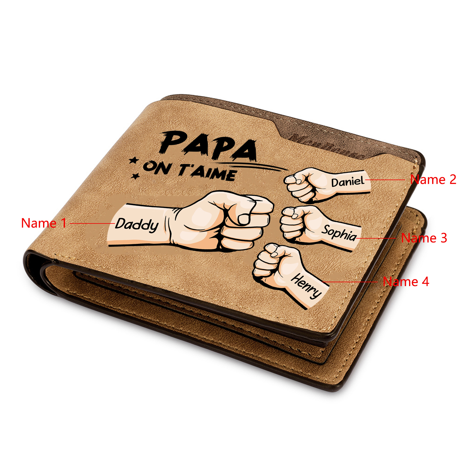 À mon Papa-Portefeuille Poings 4 Prénoms Personnalisés Classique Homme