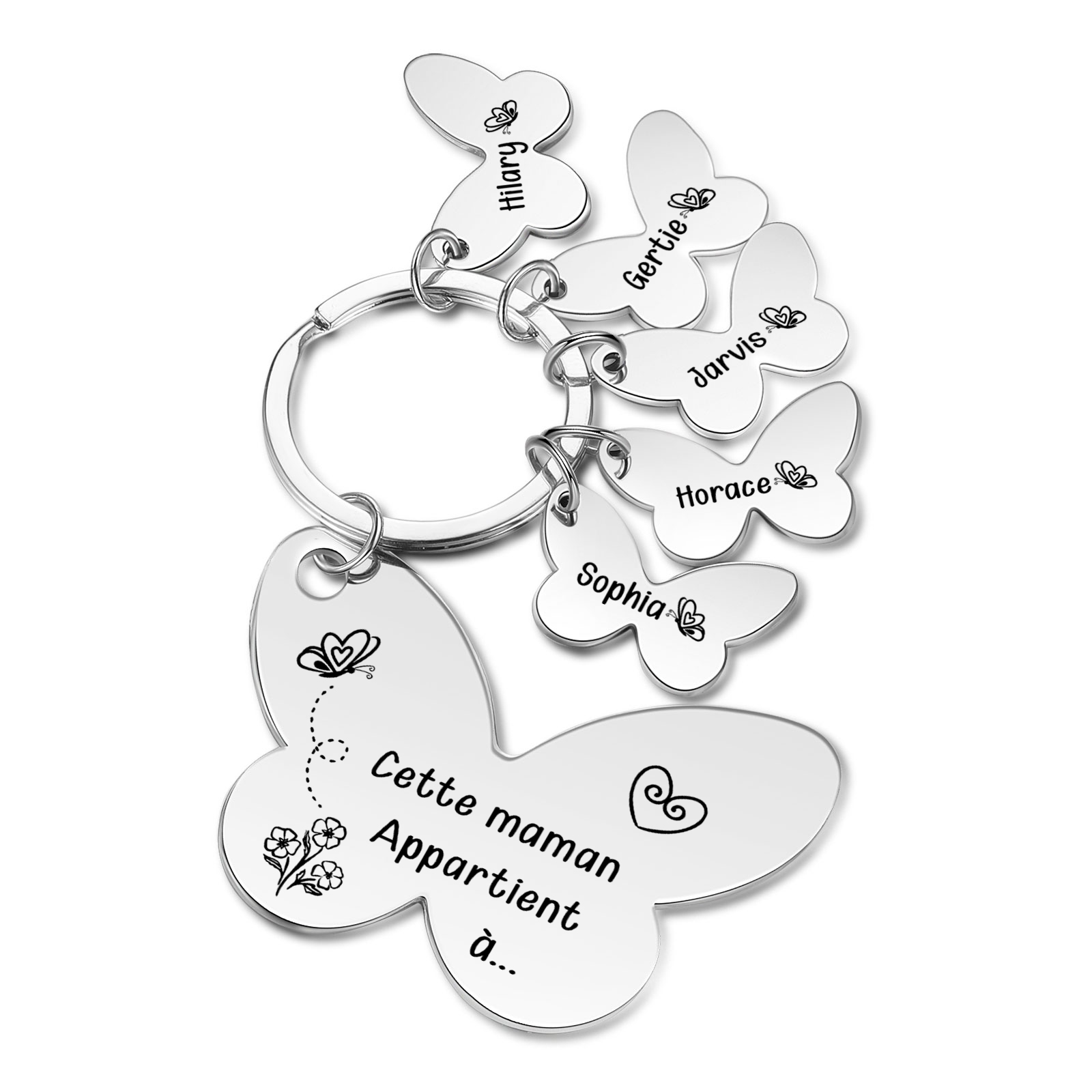À Maman/Mamie - Porte-Clés Papillon 5 Prénoms Personnalisés avec Texte 