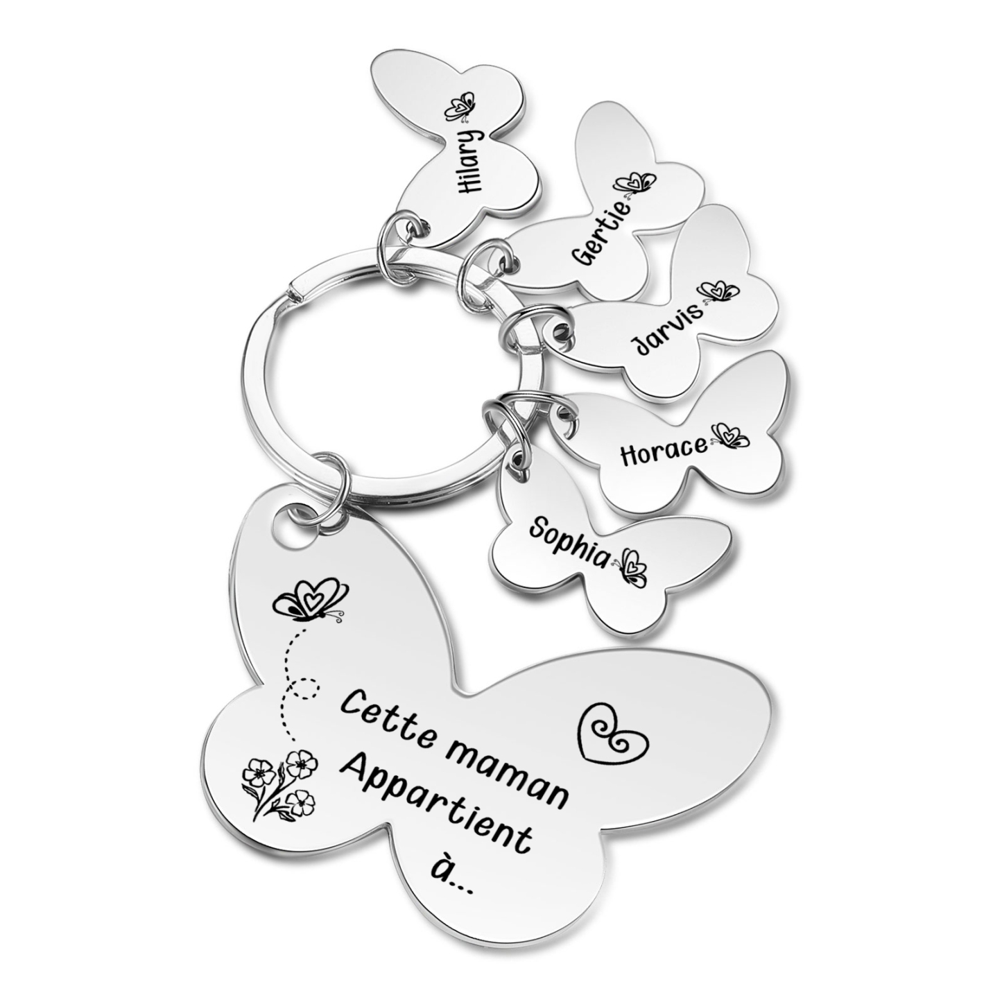 À Maman/Mamie - Porte-Clés Papillon 5 Prénoms Personnalisés avec Texte