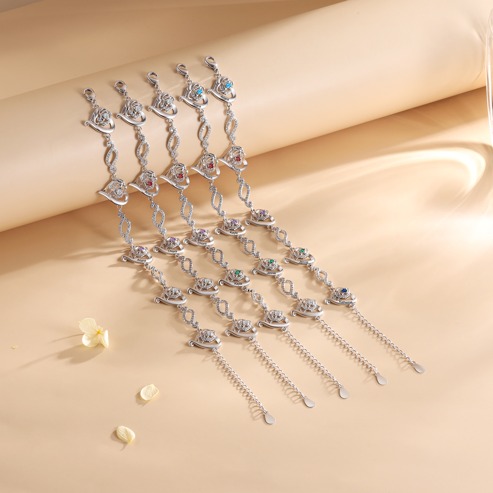 Bracelet Roses et Cœur 1 Prénom Personnalisé avec 1 Pierre de Naissance