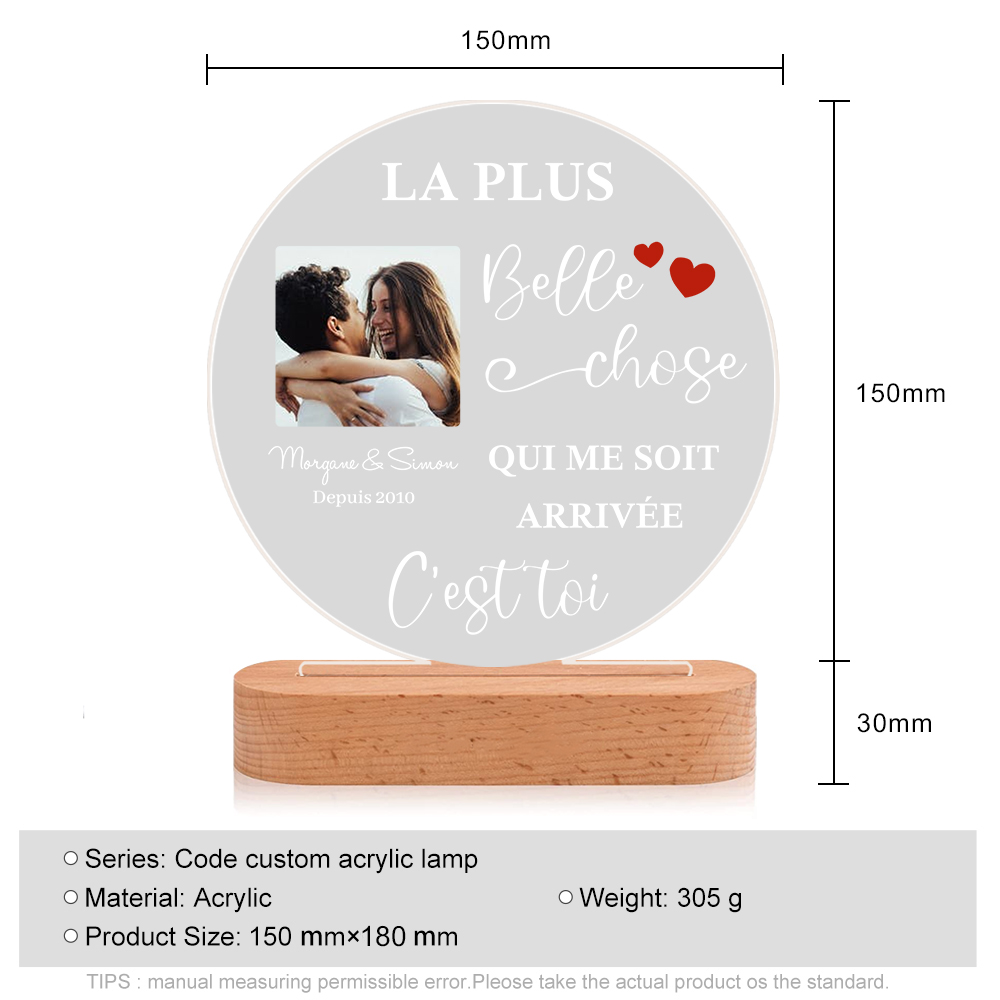 Lampe de chevet Couple LED Lumières 2 Prénoms et 1 Photo Personnalisés avec Date