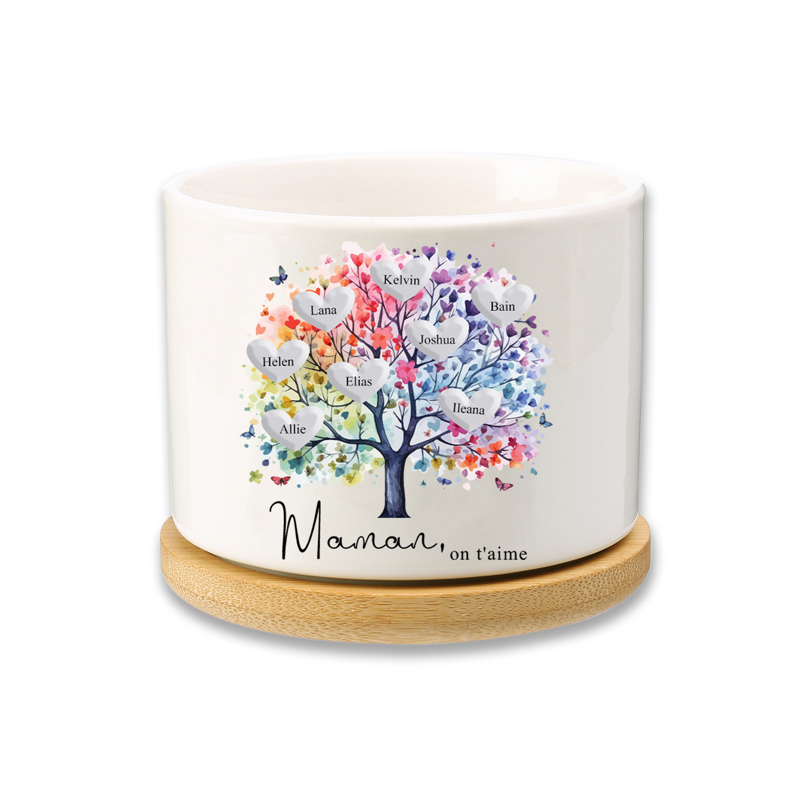 Vase/Pot de Fleurs Arbre 8 Prénoms Personnalisés avec Texte Décoration de la Maison (sans plantes)