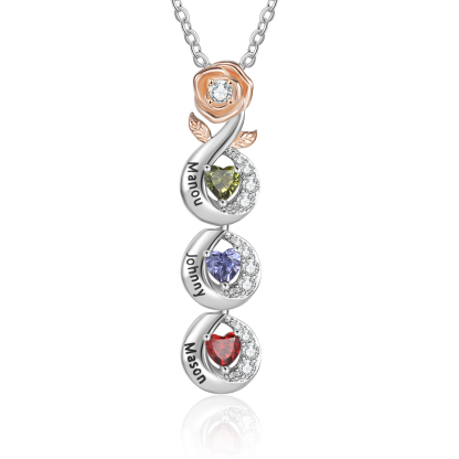 Jessemade FR Collier de rose 3 Prénoms Personnalisé avec 3 pierres de naissance