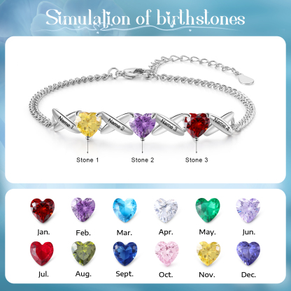 Bracelet Femmes 4 Prénoms Personnalisés avec 3 Pierres de Naissance