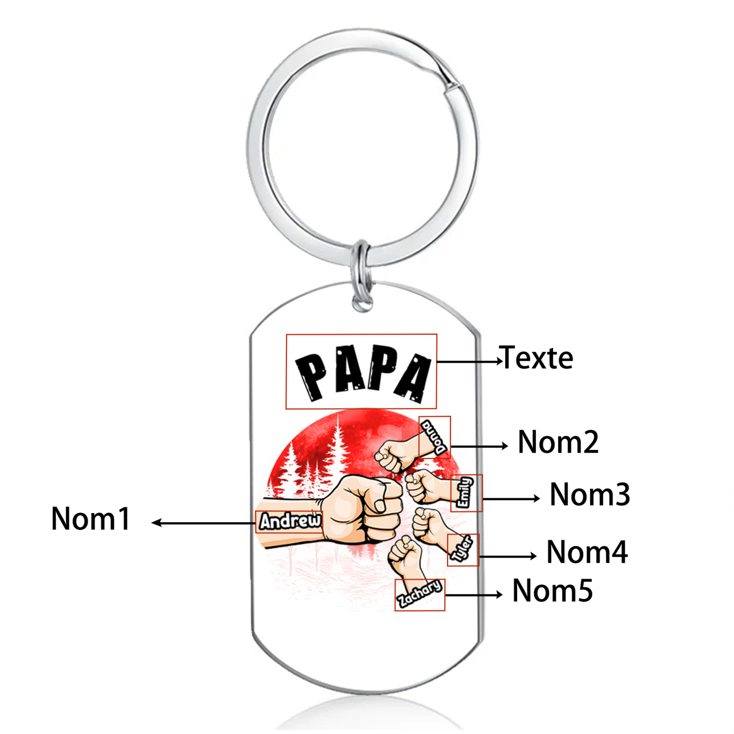 À Papa/Papi - Porte-Clés Poings 5 Prénoms Personnalisés