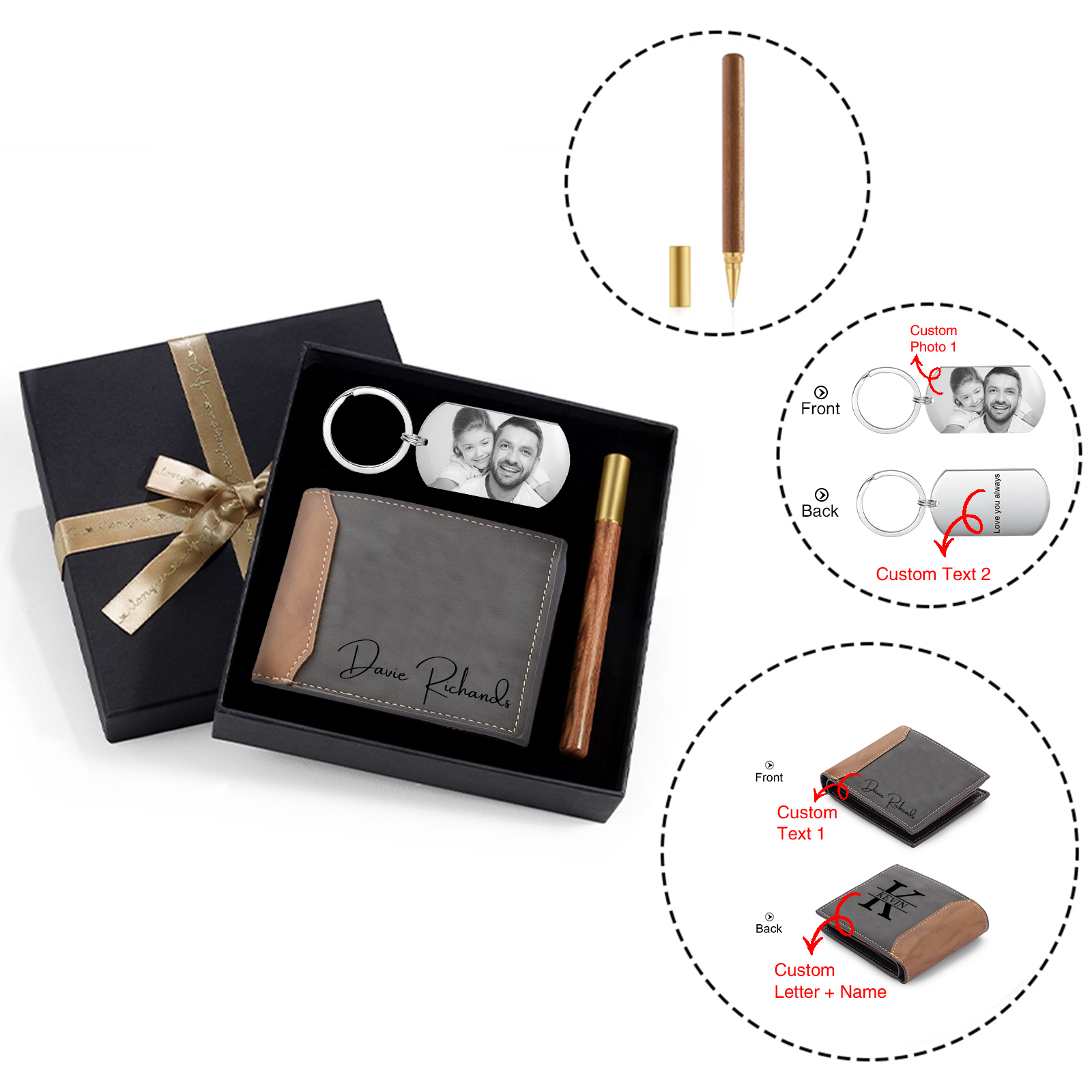 Coffret Cadeau 3PCS - Portefeuille classique Porte-Clés et Stylo 1 Prénom et Lettre Personnalisés avec 2 Textes et 1 Photo Coffret Cadeau pour Homme