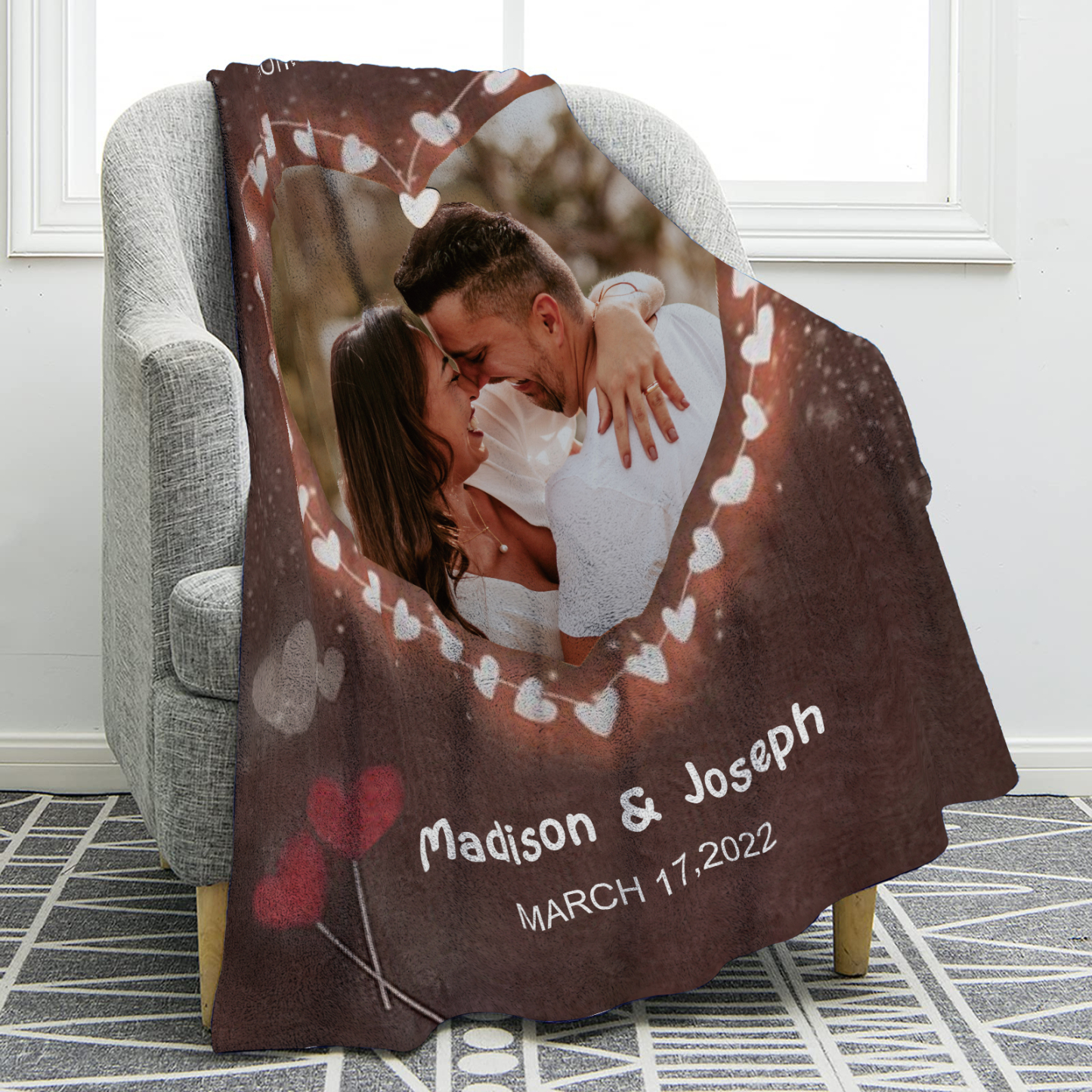 Couverture Plaids Polaire 2 Prénoms Personnalisés avec Date et Photo pour Couple | Jessemade