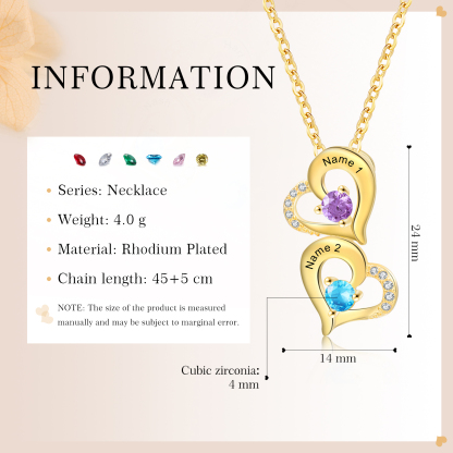 Collier Coeur 2 Prénoms Personnalisés avec Pierre de naissance Or/Or Rose pour Femmes｜Jessemade