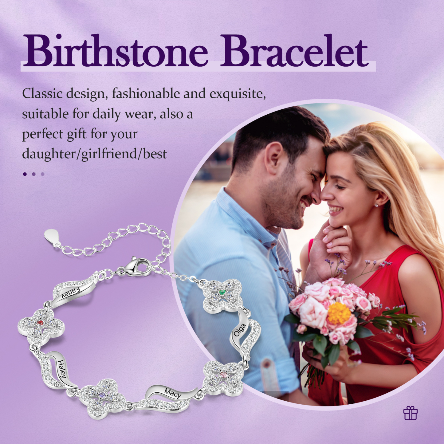 Bracelet Fleurs 4 Prénoms Personnalisés avec 4 Pierres de Naissance pour Femme | Jessemade
