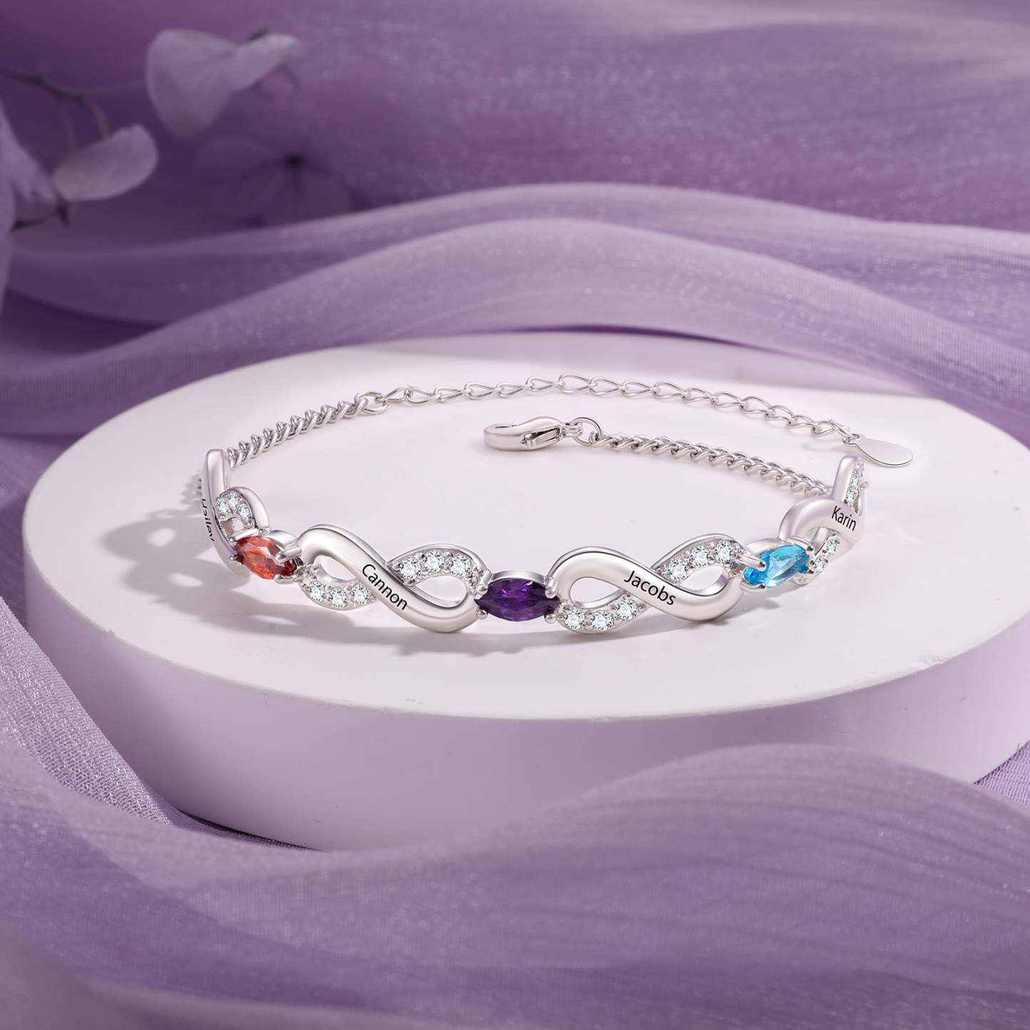 Bracelet Infini 4 Prénoms Personnalisés avec 3 Pierres de Naissance pour Femme