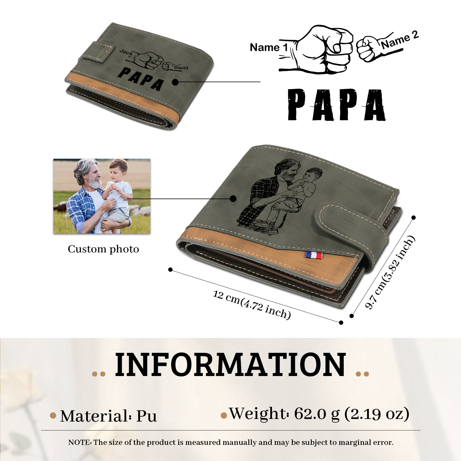 À mon Papa-Portefeuille Poings 2 Prénoms et 1 Photo Personnalisés Classique Homme Porte-Monnaie Carte