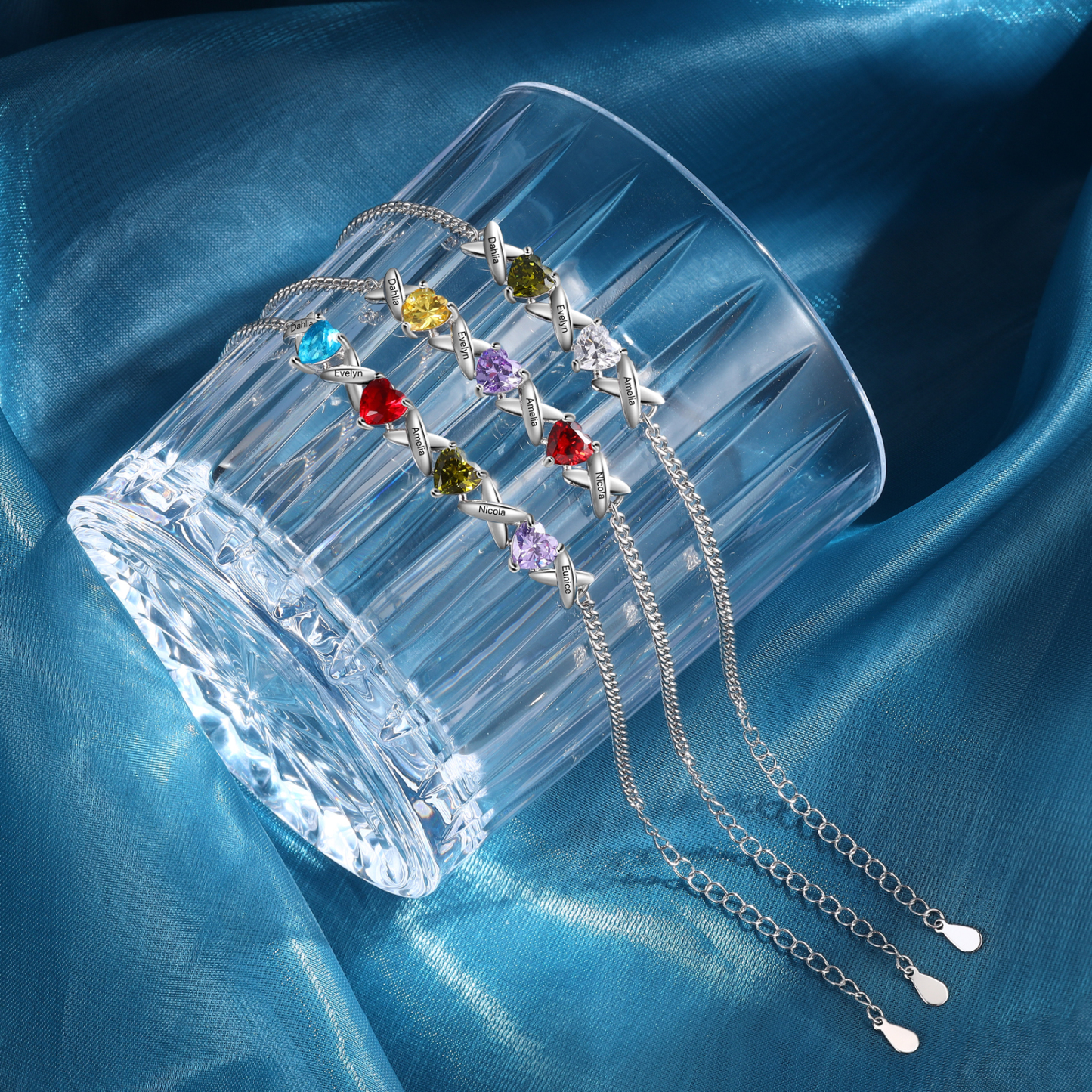 Bracelet Femmes 4 Prénoms Personnalisés avec 3 Pierres de Naissance