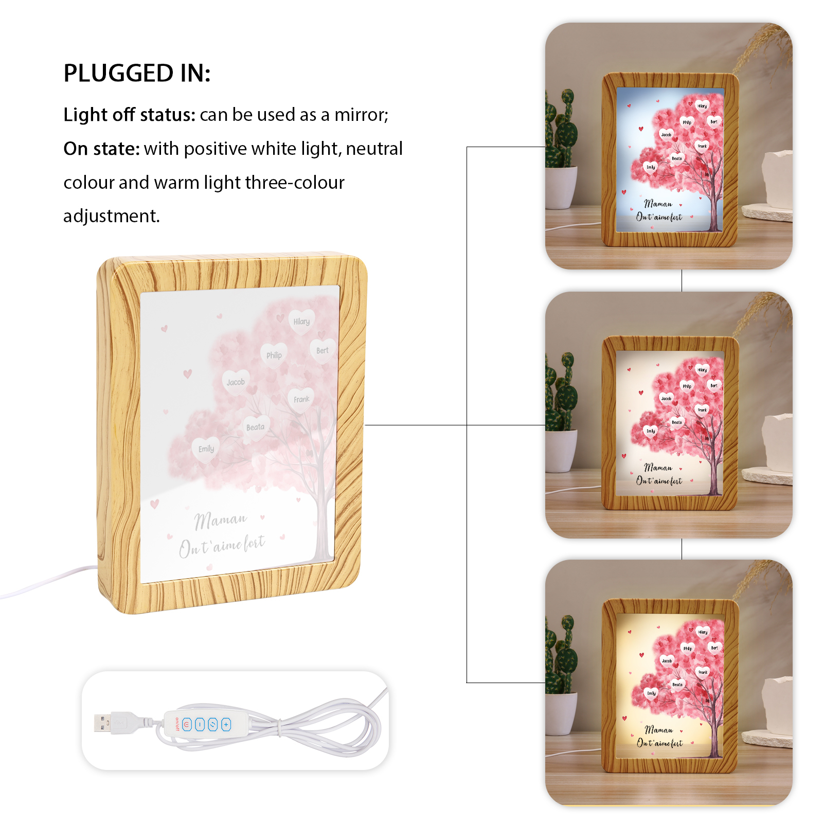 Cadre Photo/Miroir LED Multifonctionnel Arbre 7 Prénoms Personnalisés avec Texte pour Famille