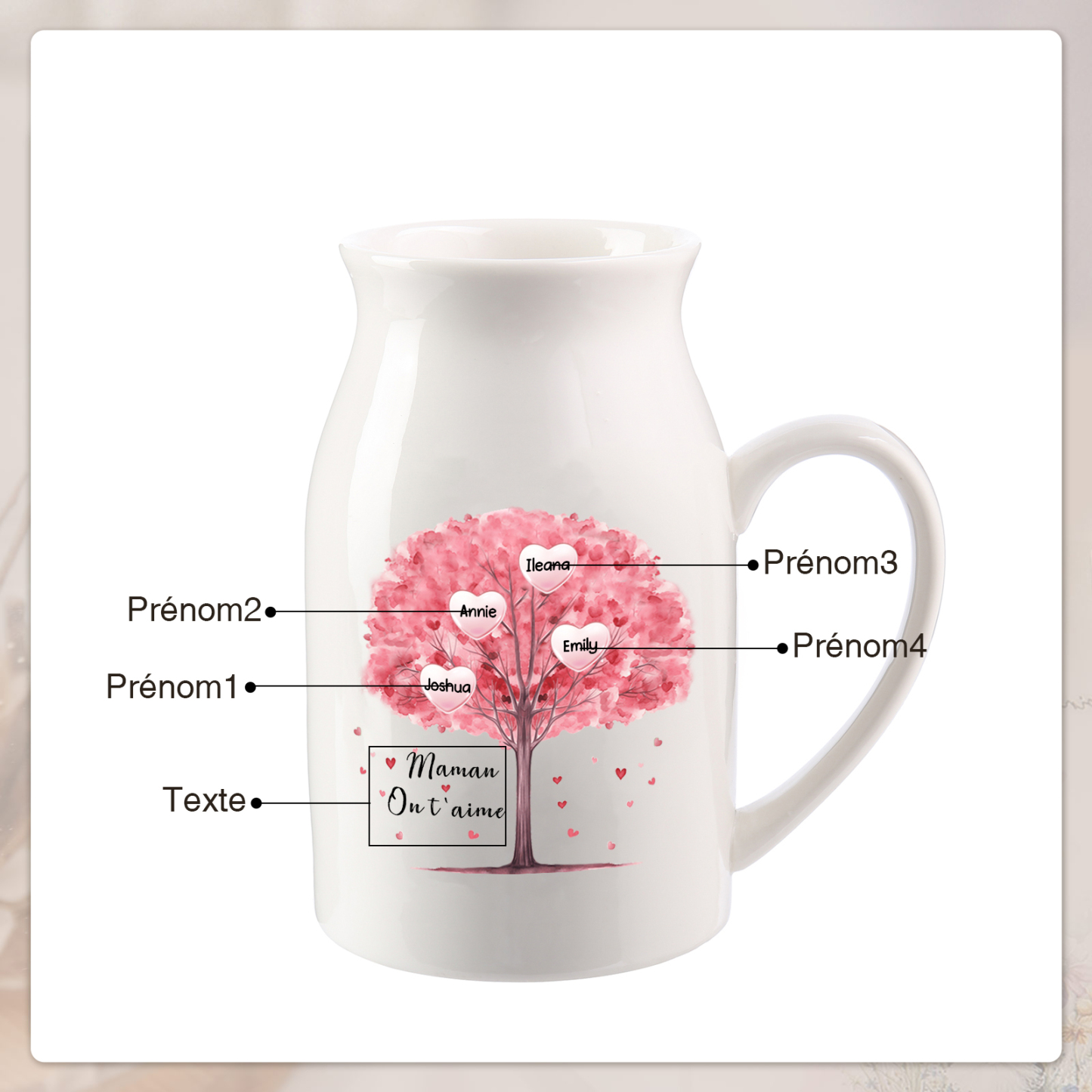 Vase à Fleurs Arbre 4 Prénoms Personnalisés avec Texte Décoration de la Maison