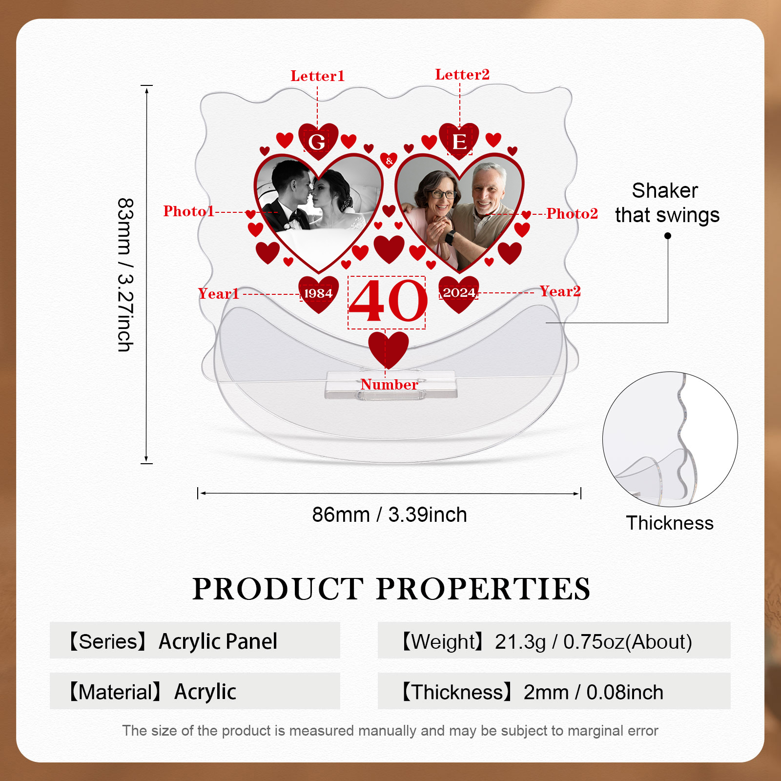 Ornements Panneau Acrylique 2 Lettres et Photos Personnalisées avec Nombre et Année pour Couple