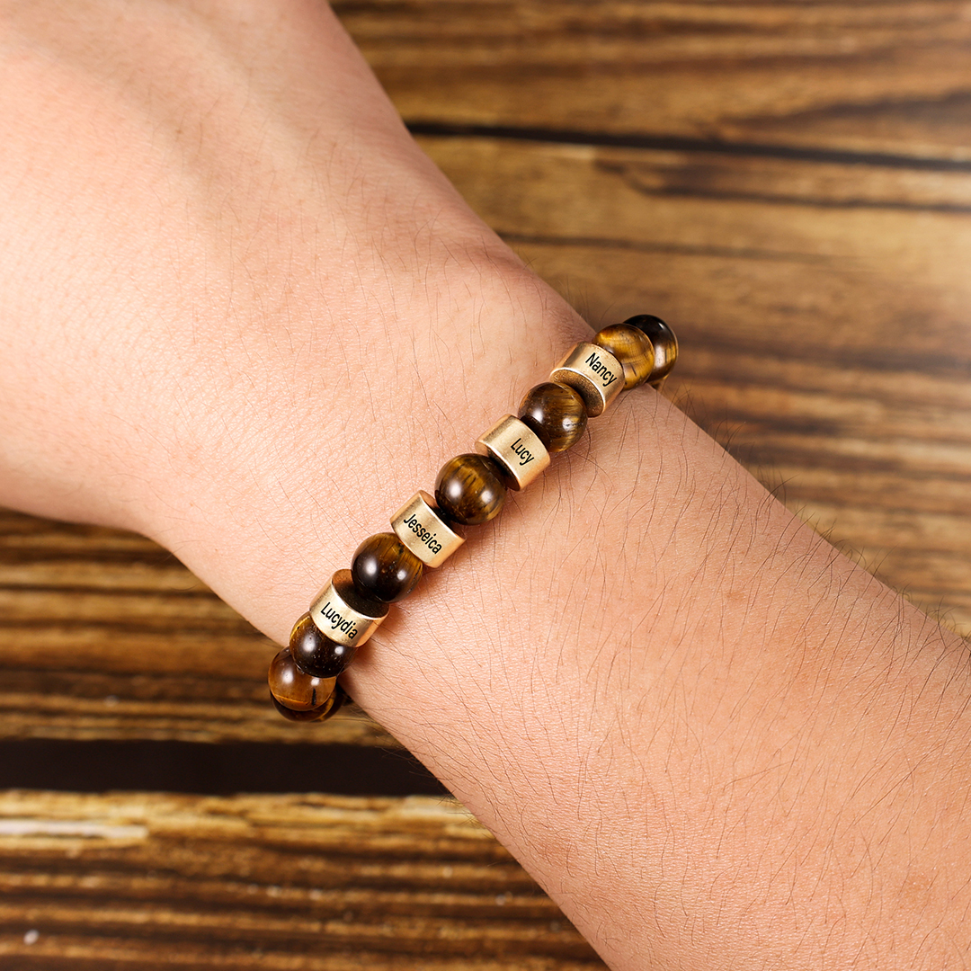 Bracelet 2 Prénom Personnalisé Pierres Oeil de Tigre Brun Bracelet Homme