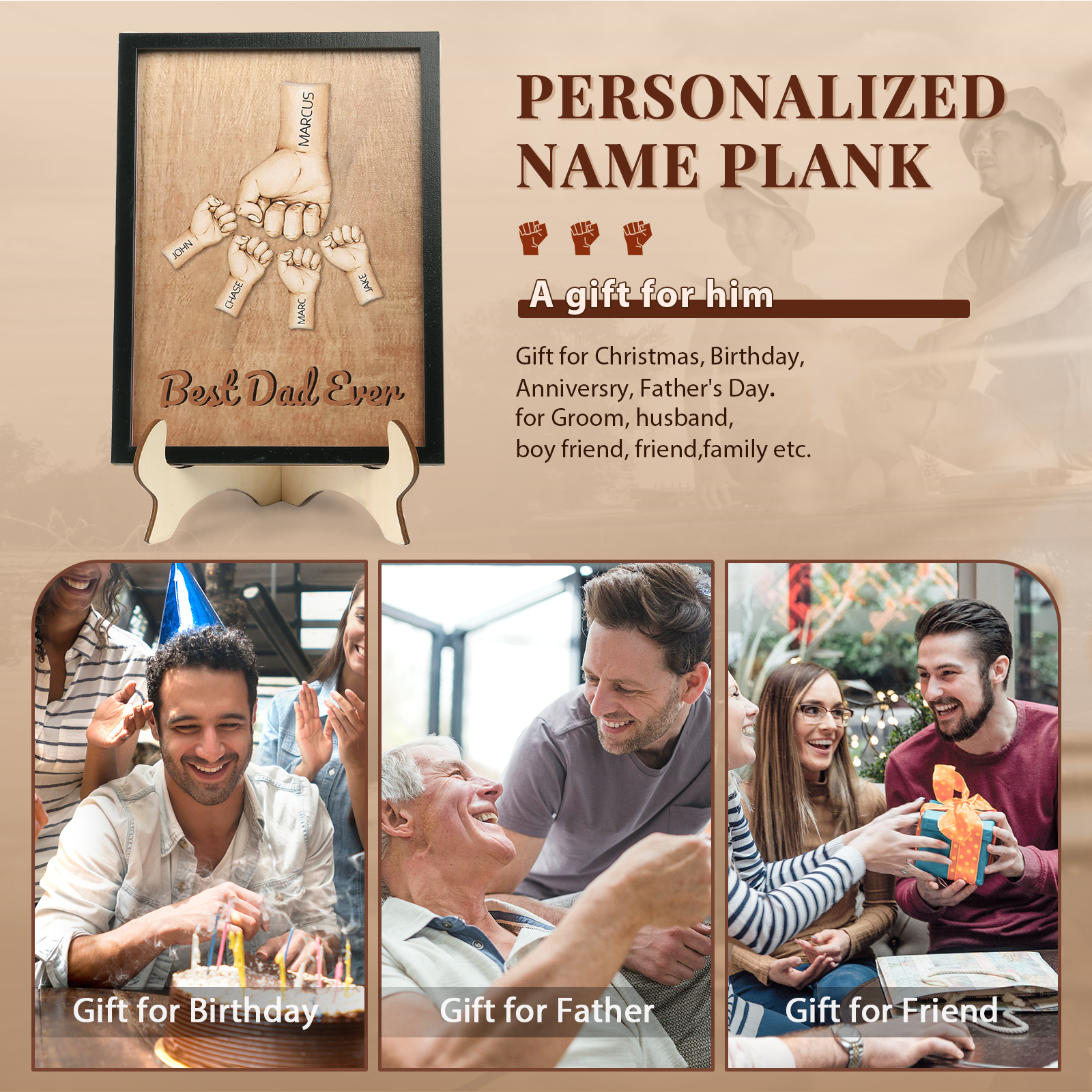 Décoration en bois Poings 5 Prénoms et 1 Texte Personnalisés Ornement Famille