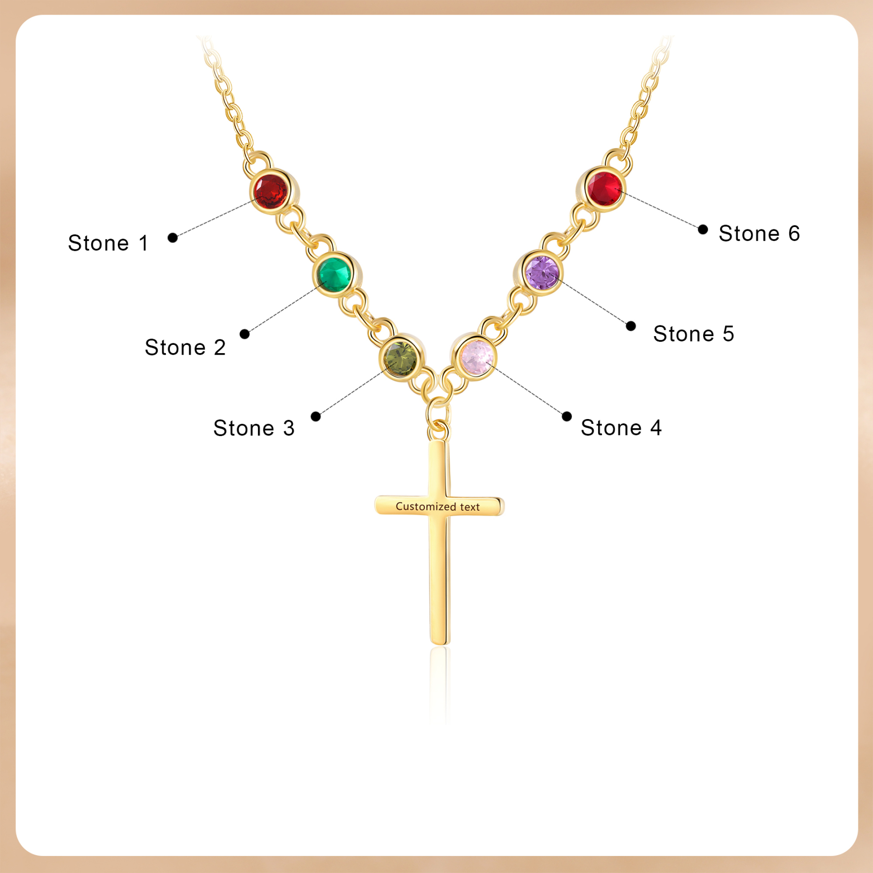 Collier Croix 6 Pierres de Naissance Personnalisés avec Texte Collier pour Femmes