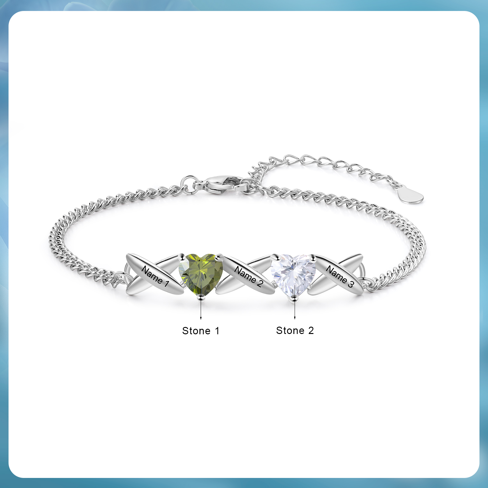 Bracelet Femmes 3 Prénoms Personnalisés avec 2 Pierres de Naissance