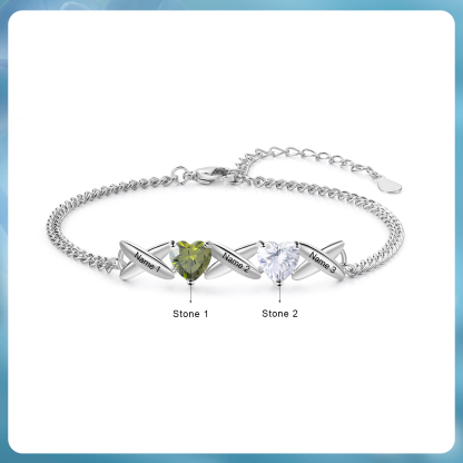 Bracelet Femmes 3 Prénoms Personnalisés avec 2 Pierres de Naissance