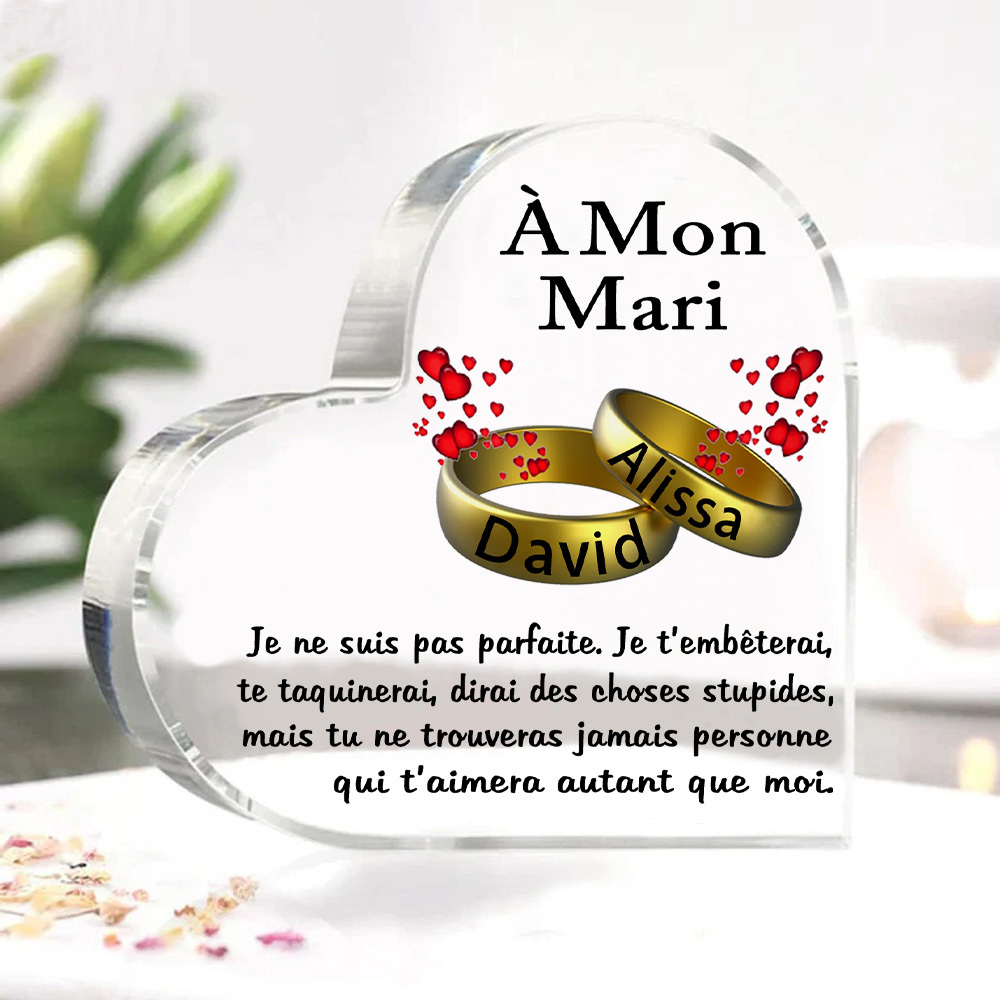 À Mon Mari-Plaque Acrylique en Forme de Cœur 2 Prénoms Personnalisés
