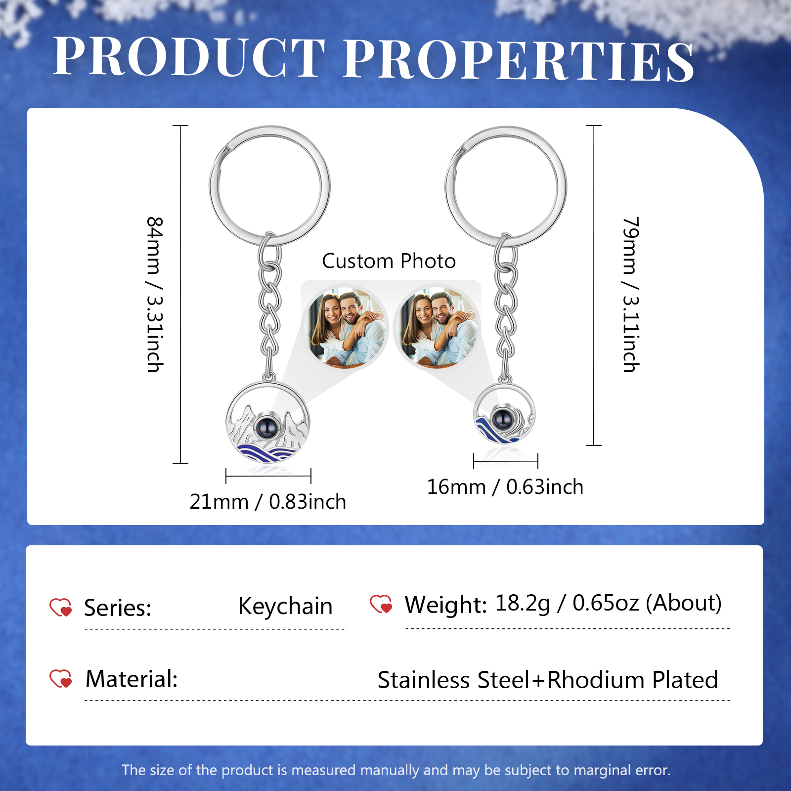 Porte-Clés Projection de Pierres 1 Photo Personnalisée pour Couple