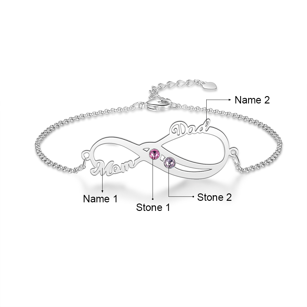 Bracelet 2 Prénom en Argent Massif avec pierre de naissance