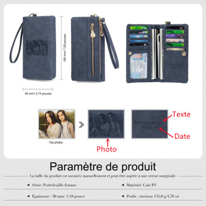 Portefeuille long en cuir PU personnalisé 1 photos avec texte et date