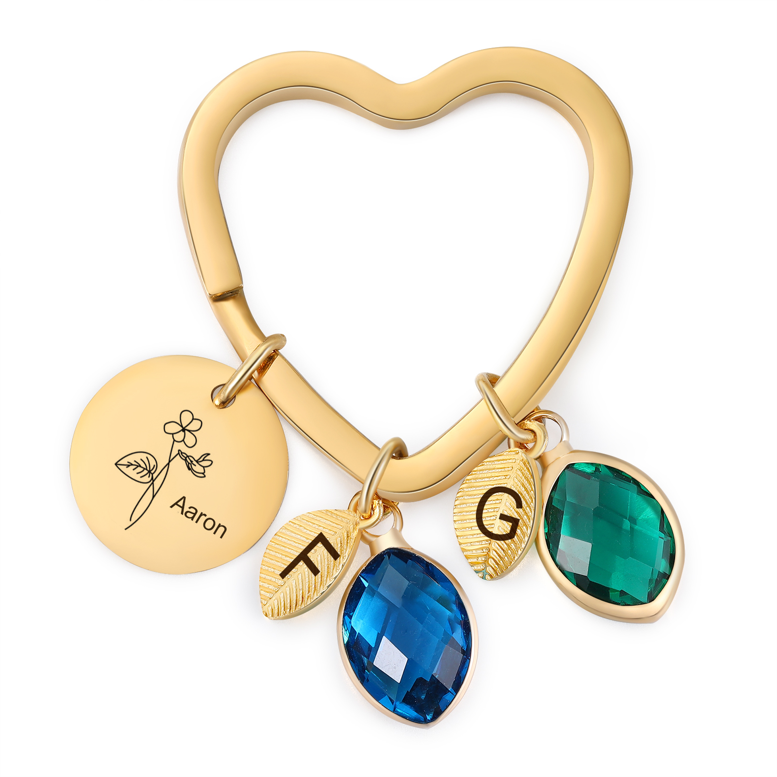 Porte-Clés Fleur de Naissance Feuilles 1 Prénom et 2 Lettres Personnalisés avec 2 Pierre de Naissance