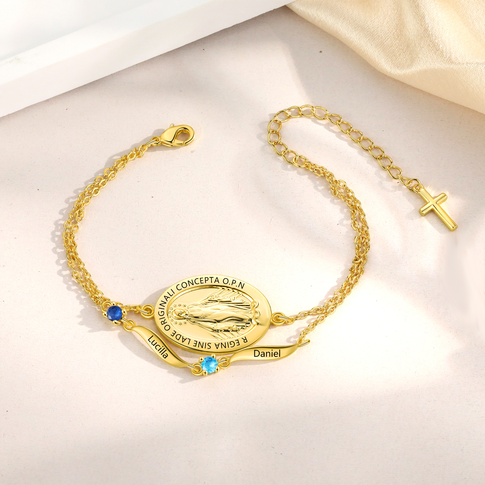 Bracelet avec prénom et pierre de naissance, bracelet croix pour elle