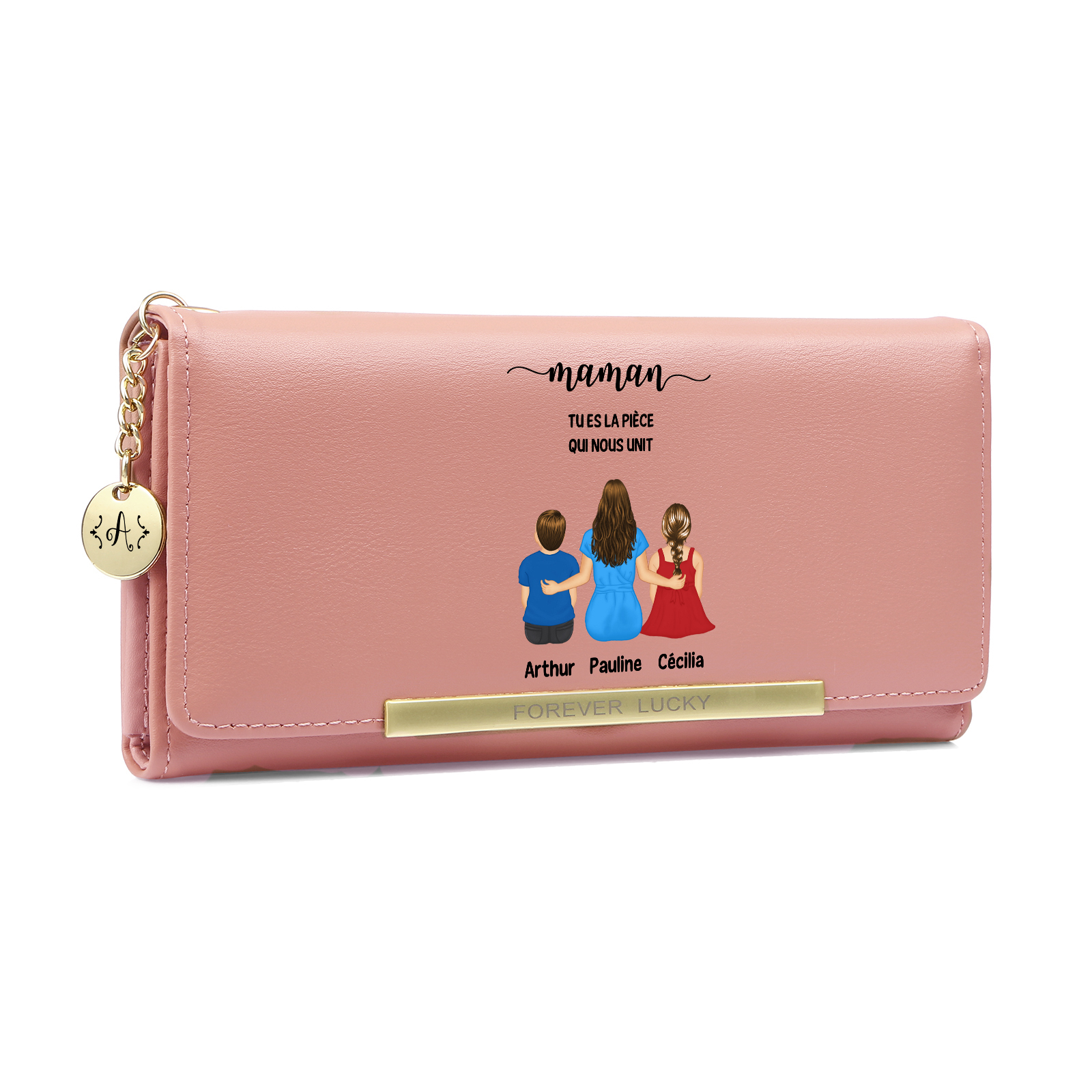 Portefeuille Personnalisé en cuir pour maman avec 1 à 6 figurines d’enfants et prénoms