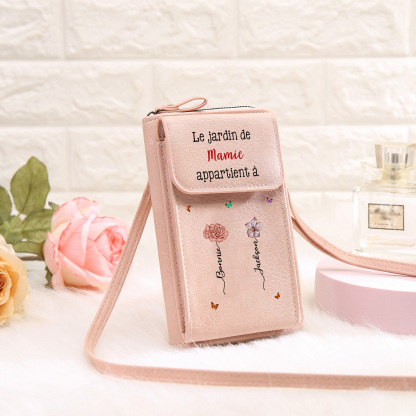 Sac bandoulière fleuri personnalisé "Le jardin de mamie" – Portefeuille avec nom et fleur sur mesure | Jessemade