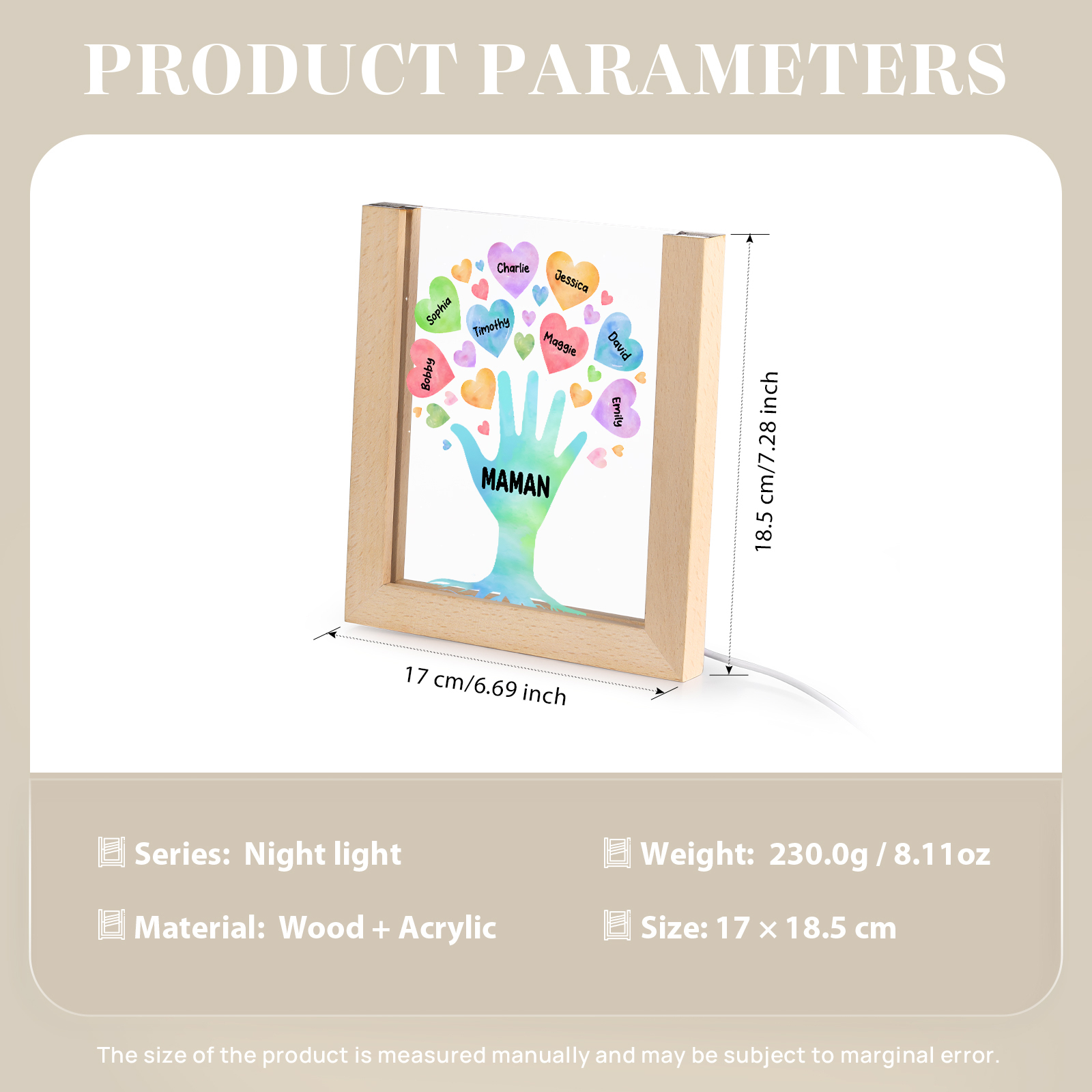 À Maman/Mamie - Lampe de chevet LED Main et Cœur 8 Prénoms Personnalisés avec 1 Texte