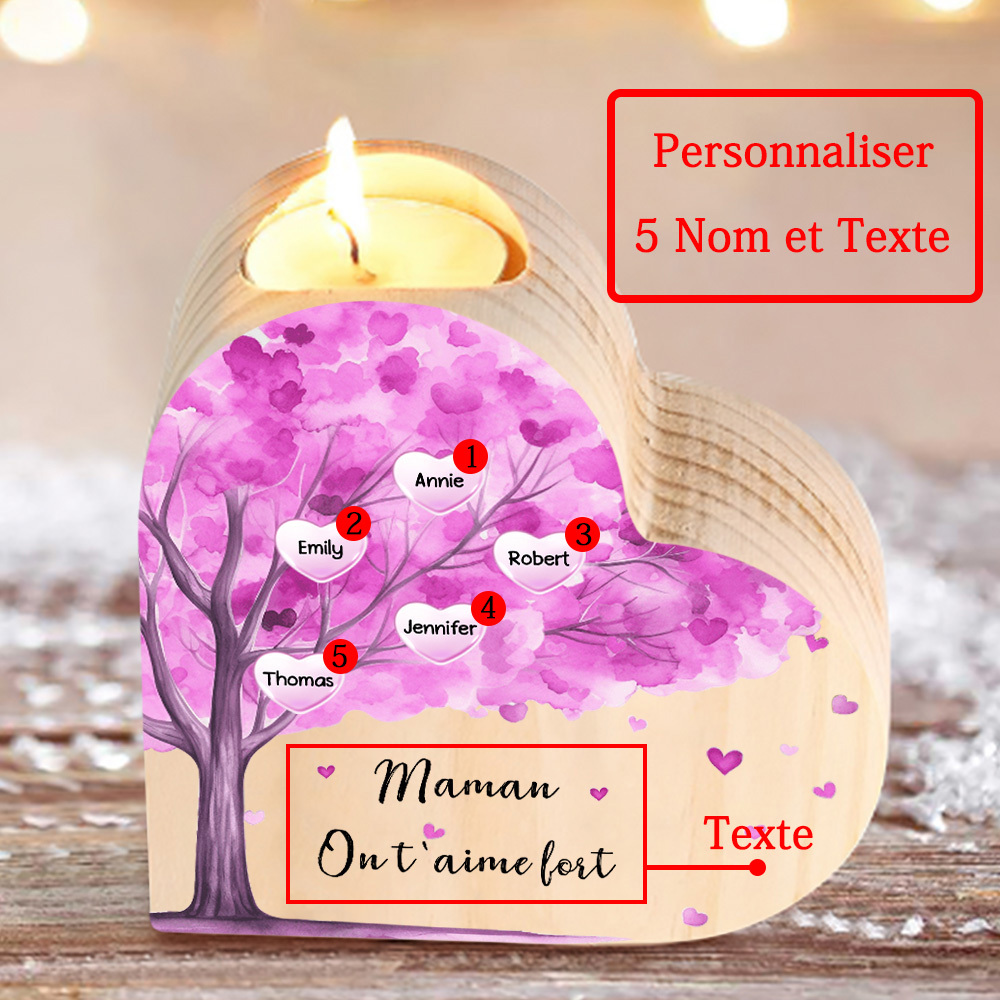 À Ma Maman/Mamie - Bougeoir en Bois Arbre 5 Prénoms et 1 Texte Personnalisés pour Famille sans bougie
