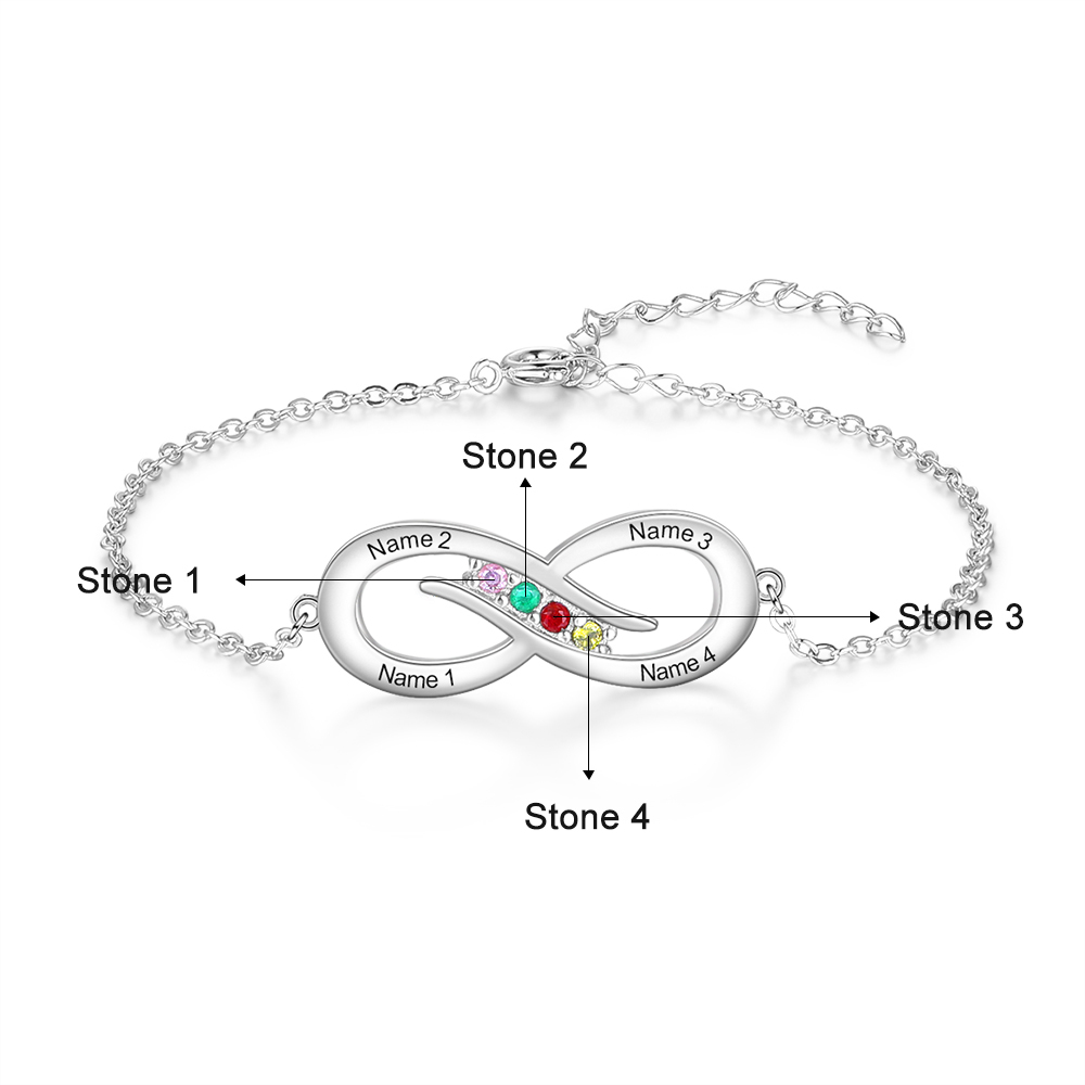 Bracelet infini 4 Prénom Personnalisé avec 4 Pierre de Naissance