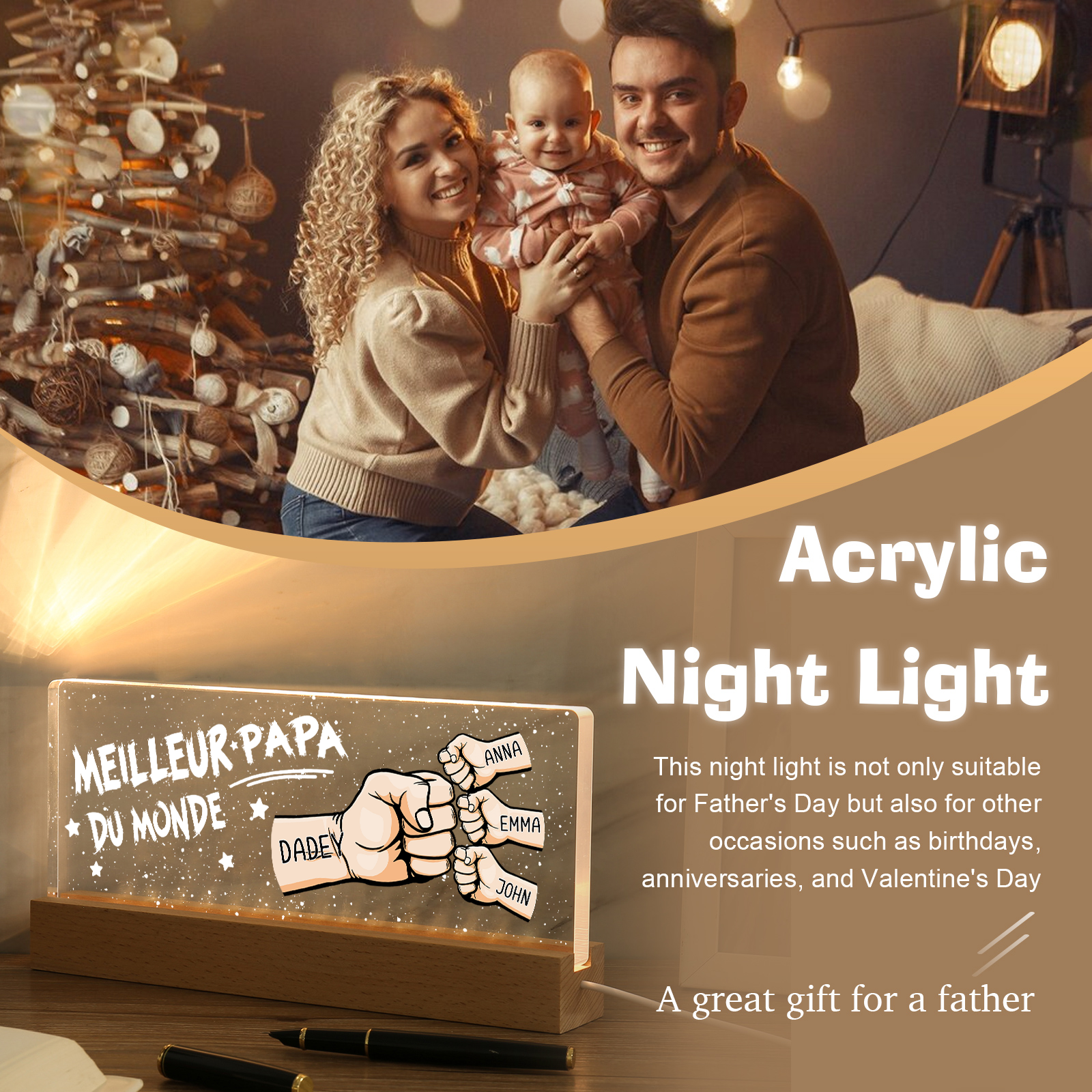 À mon Papa- Lampe de chevet LED Poings 4 Prénoms Personnalisés
