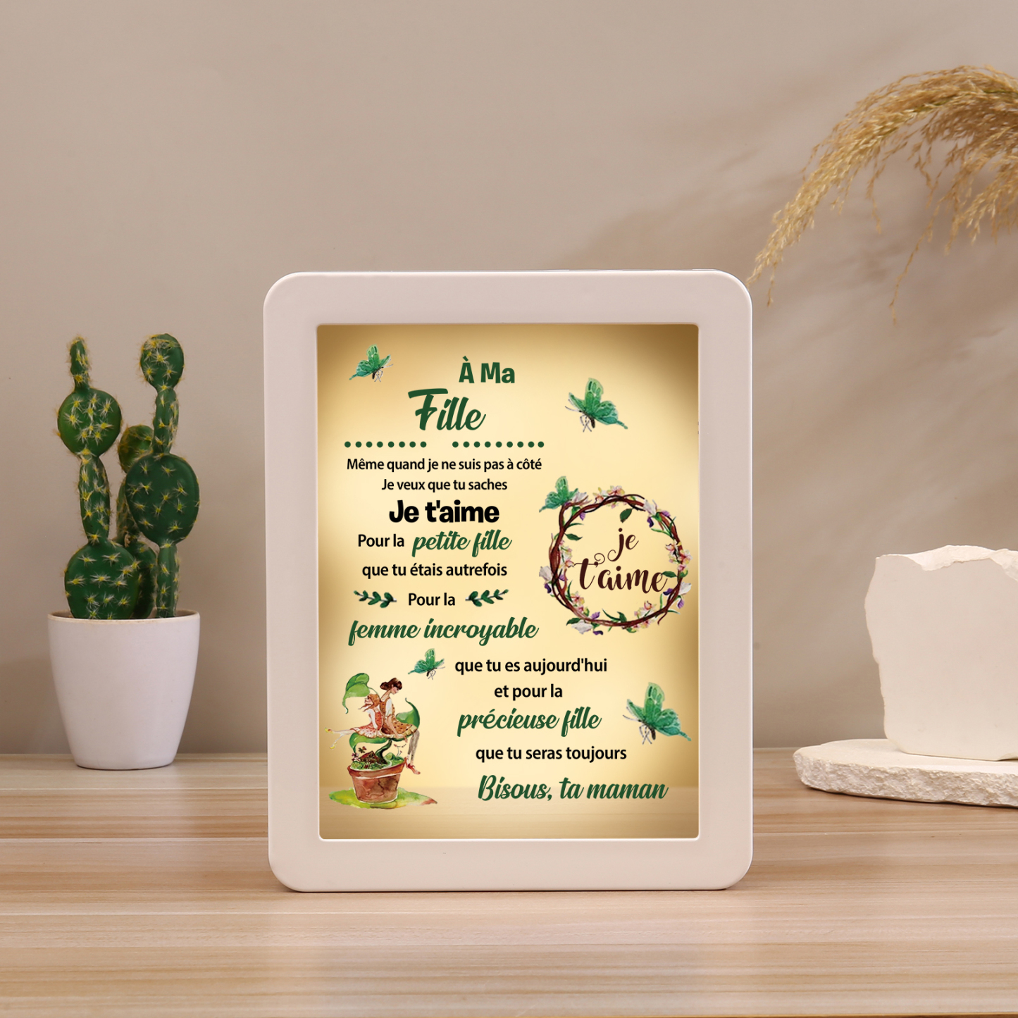 À ma Fille - Cadre Photo/Miroir LED multifonctionnel Cadeau de Maman pour Fille