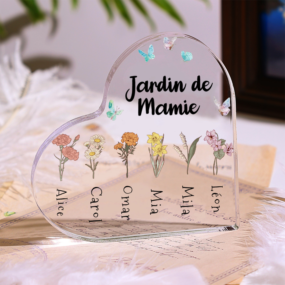 Jessemade FR Plaque Acrylique en Forme de Cœur 1-6 Prénoms Personnalisés Jardin de Mamie