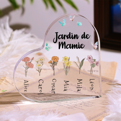 Jessemade FR Plaque Acrylique en Forme de Cœur 1-6 Prénoms Personnalisés Jardin de Mamie