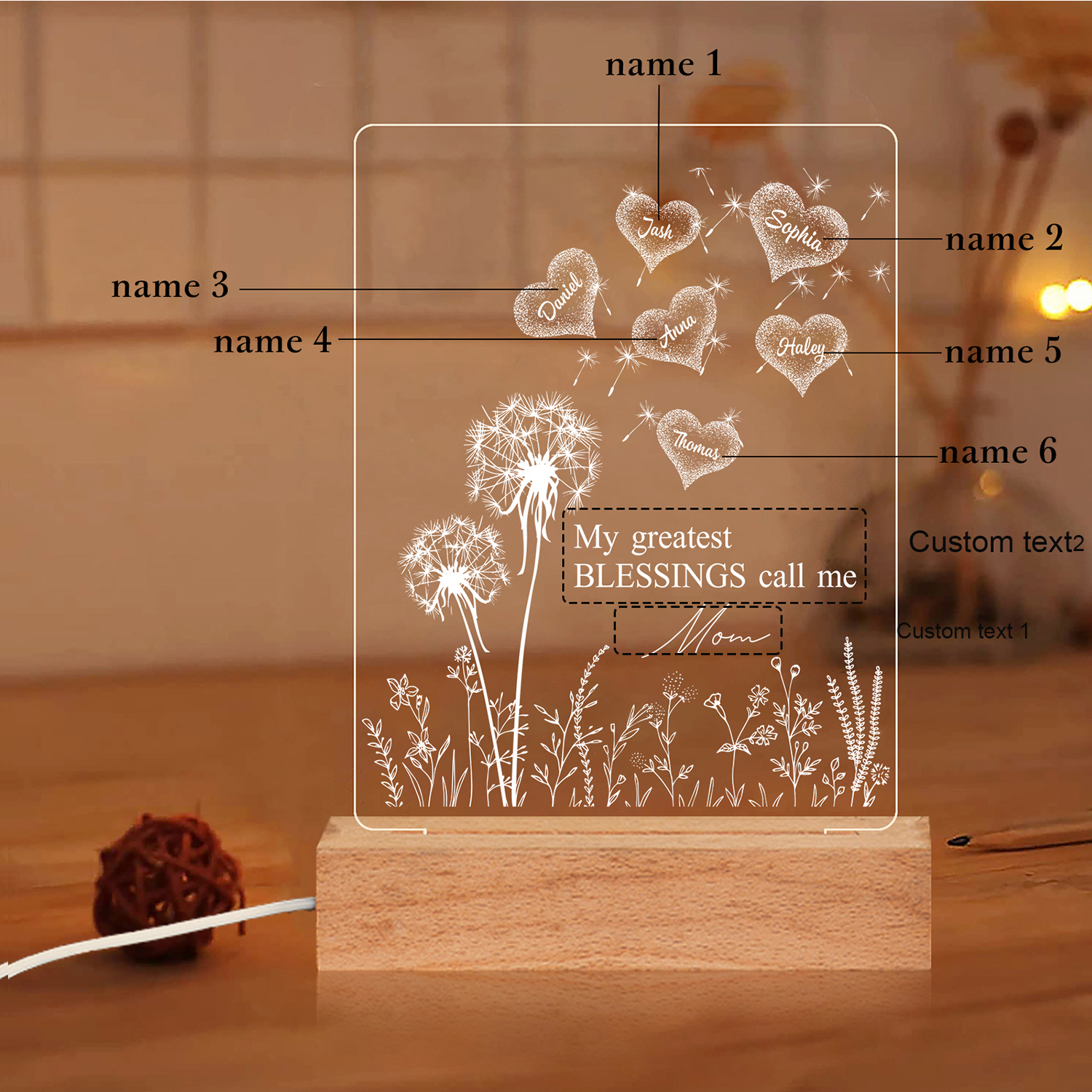 À Maman/Mamie - Lampe de chevet LED Pissenlit 6 Prénoms Personnalisés avec 2 Textes pour Famille