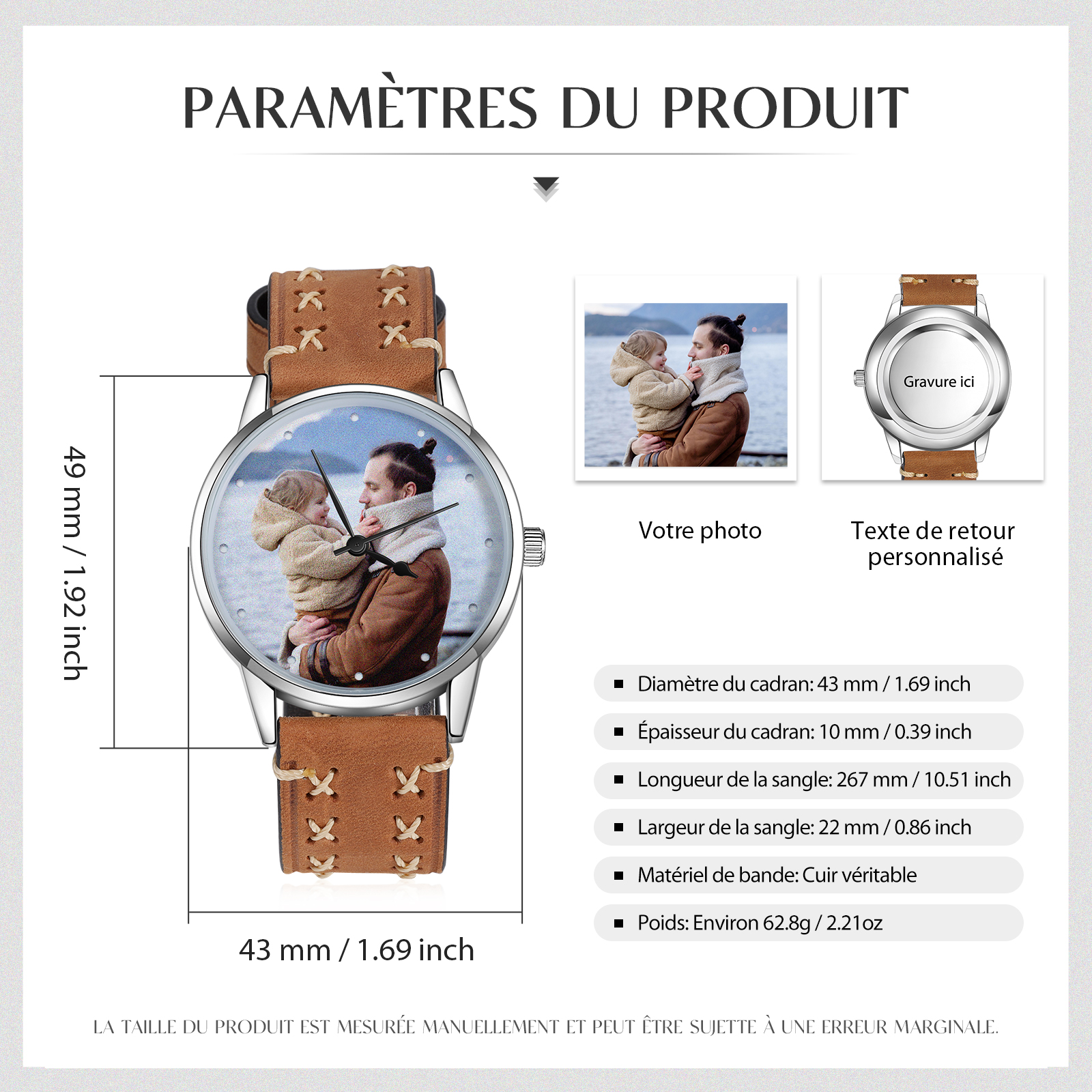 Montre Personnalisée Photo avec Gravure du prénom en Cuir véritable