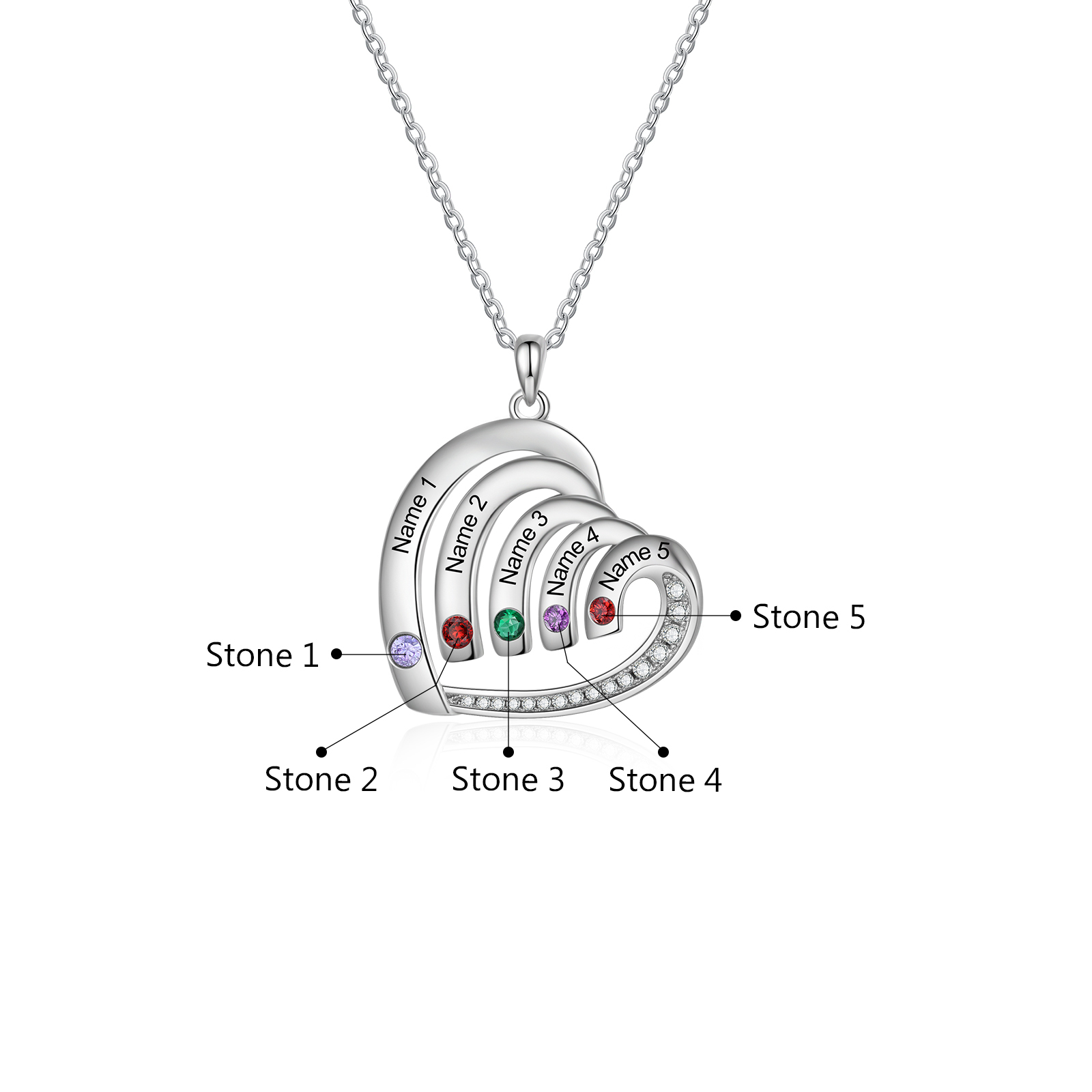 Collier Pendentif Cœur 5 Prénoms Personnalisés avec Pierre de naissance pour Femmes