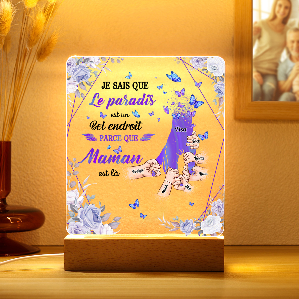 À Maman/Papa - Lampe de chevet LED Commémorative 7 Prénoms Personnalisés avec 1 Texte Lampe de chevet la main dans la main