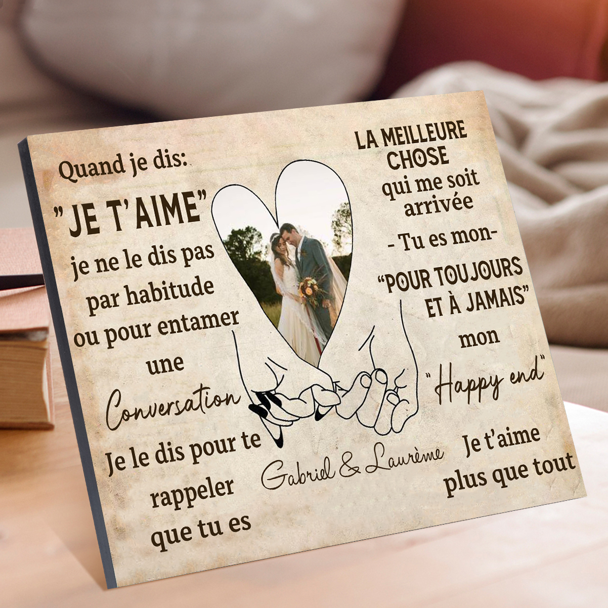 Cadre en Bois 2 Prénoms Personnalisés avec Photo pour Couple Cadeau Saint Valentin